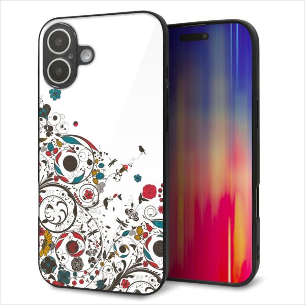 乐天商城 - iPhone16 Plus ケース カバー 背面 ガラス TPU デザイン ガラプリ 【EK908 カラフルな花と鳥】 印刷 光沢 MMLM