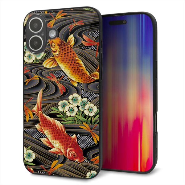 iPhone16 Plus ケース カバー 背面 ガラス TPU デザイン ガラプリ 【MA963 着物柄 鶴鯉 A】 印刷 光沢 MMLM