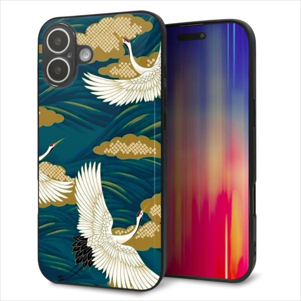 iPhone16 Plus ケース カバー 背面 ガラス TPU デザイン ガラプリ 【MA964 着物柄 鶴鯉 B】 印刷 光沢 MMLM