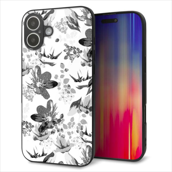 乐天商城 - iPhone16 Plus ケース カバー 背面 ガラス TPU デザイン ガラプリ 【SC914 花柄モノトーン 03】 印刷 光沢 MMLM