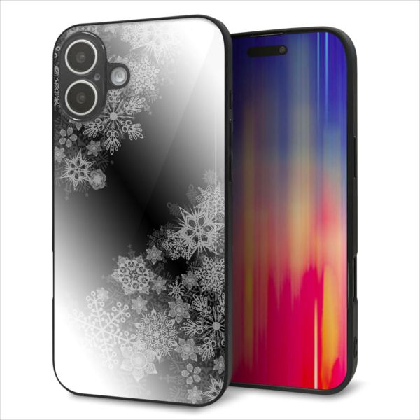 Rakuten - iPhone16 Plus ケース カバー 背面 ガラス TPU デザイン ガラプリ 【YJ340 モノトーン 雪の結晶 】 印刷 光沢 MMLM