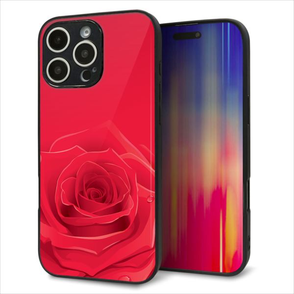 Rakuten - iPhone16 Pro Max ケース カバー 背面 ガラス TPU デザイン ガラプリ 【395 赤いバラ】 印刷 光沢 MMLM