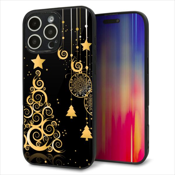 iPhone16 Pro Max ケース カバー 背面 ガラス TPU デザイン ガラプリ 【721 ゴールドクリスマスツリー】 印刷 光沢 MMLM