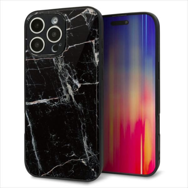 Rakuten - iPhone16 Pro Max ケース カバー 背面 ガラス TPU デザイン ガラプリ 【KM867 大理石BK】 印刷 光沢 MMLM