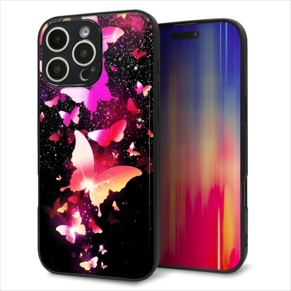 Rakuten - iPhone16 Pro Max ケース カバー 背面 ガラス TPU デザイン ガラプリ 【MA991 蝶C】 印刷 光沢 MMLM