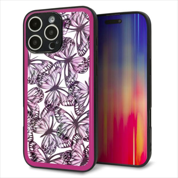 Rakuten - iPhone16 Pro Max ケース カバー 背面 ガラス TPU デザイン ガラプリ 【SC904 ガーデンバタフライ ピンク】 印刷 光沢 MMLM