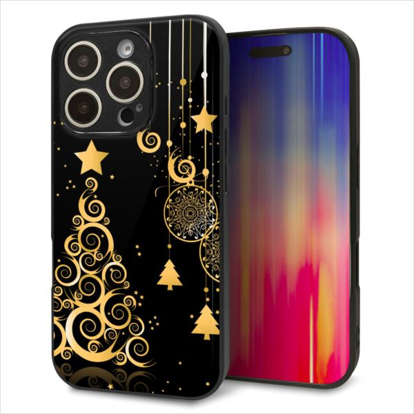 iPhone16 Pro ケース カバー 背面 ガラス TPU デザイン ガラプリ 【721 ゴールドクリスマスツリー】 印刷 光沢 MMLM
