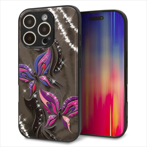 乐天商城 - iPhone16 Pro ケース カバー 背面 ガラス TPU デザイン ガラプリ 【1164 キラめくストーンと蝶】 印刷 光沢 MMLM