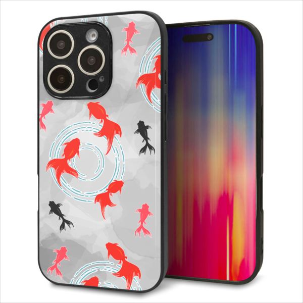 乐天商城 - iPhone16 Pro ケース カバー 背面 ガラス TPU デザイン ガラプリ 【HA227 金魚 水彩 グレー】 印刷 光沢 MMLM