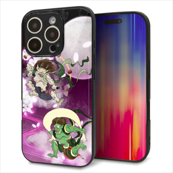 Rakuten - iPhone16 Pro ケース カバー 背面 ガラス TPU デザイン ガラプリ 【HA240 風神雷神 紫の月と桜】 印刷 光沢 MMLM