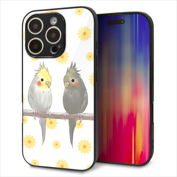 Rakuten - iPhone16 Pro ケース カバー 背面 ガラス TPU デザイン ガラプリ 【HA274 オカメインコ 花】 印刷 光沢 MMLM