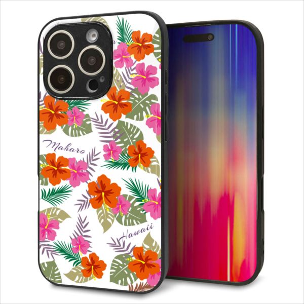 iPhone16 Pro ケース カバー 背面 ガラス TPU デザイン ガラプリ 【SC884 ハワイアンアロハレトロ ホワイト】 印刷 光沢 MMLM(2.0)