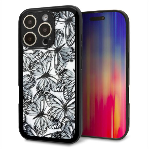 Rakuten - iPhone16 Pro ケース カバー 背面 ガラス TPU デザイン ガラプリ 【SC905 ガーデンバタフライ ブラック】 印刷 光沢 MMLM