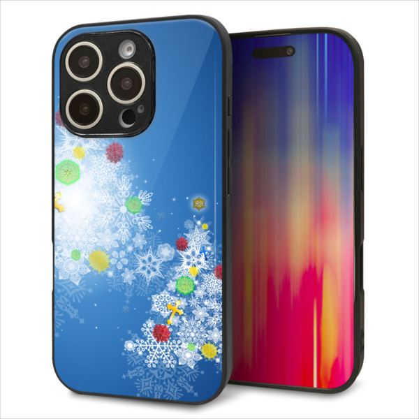 iPhone16 Pro ケース カバー 背面 ガラス TPU デザイン ガラプリ 【YJ347 クリスマスツリー】 印刷 光沢 MMLM