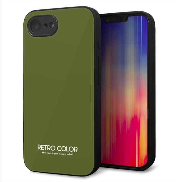 iPhone17e ケース カバー 背面 ガラス TPU デザイン ガラプリ 【KM916 レトロカラー(カーキ)】 印刷 光沢 MLM