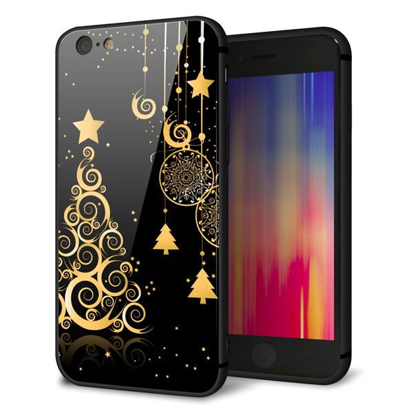 iPhone6 ケース カバー 背面 ガラス TPU デザイン 【 721 ゴールドクリスマスツリー 】 印刷 光沢 MMLM