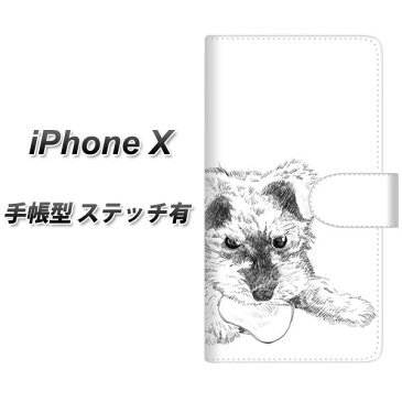 Apple iPhone X 手帳型スマホケース 【ステッチタイプ】【YJ188 シュナウザー 手描き 子犬 犬 かわいい】(アップル アイフォンX/IPHONEX/スマホケース/手帳式)