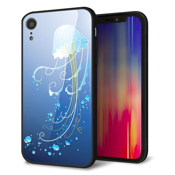 iPhone XR ケース カバー 背面 ガラス TPU デザイン 【 362 ジェリーフィッシュ 】 印刷 光沢 MMLM