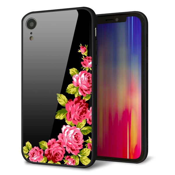 iPhone XR ケース カバー 背面 ガラス TPU デザイン 【 VA826 バラのフレーム(黒) 】 印刷 光沢 MMLM