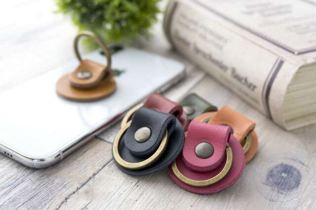 スマホリング 【 シンプルレザーリング 】選べる6色 落下防止 モバイルリング イタリアンレザー 革 シンプル 丸 FH04K