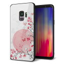 Galaxy S9 SC-02K ケース カバー 背面 ガラス TPU デザイン ガラプリ 【花と蝶 うす桃色】 印刷 光沢 MMLM