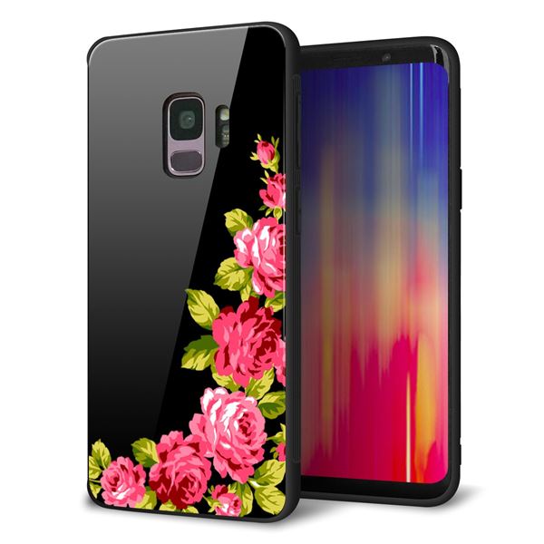 Galaxy S9 SC-02K ケース カバー 背面 ガラス TPU デザイン ガラプリ 【バラのフレーム(黒)】 印刷 光沢 MMLM
