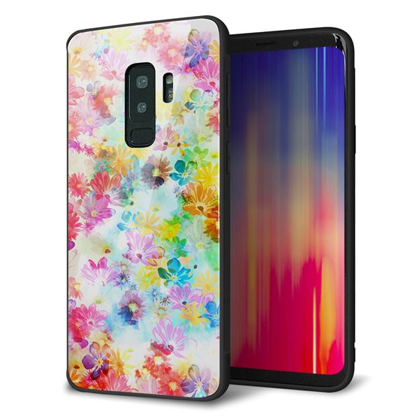 Galaxy S9+ SC-03K ケース カバー 背面 ガラス TPU デザイン ガラプリ 【リバティプリント プレスドフラワー ホワイト】 印刷 光沢 メール便送料無料