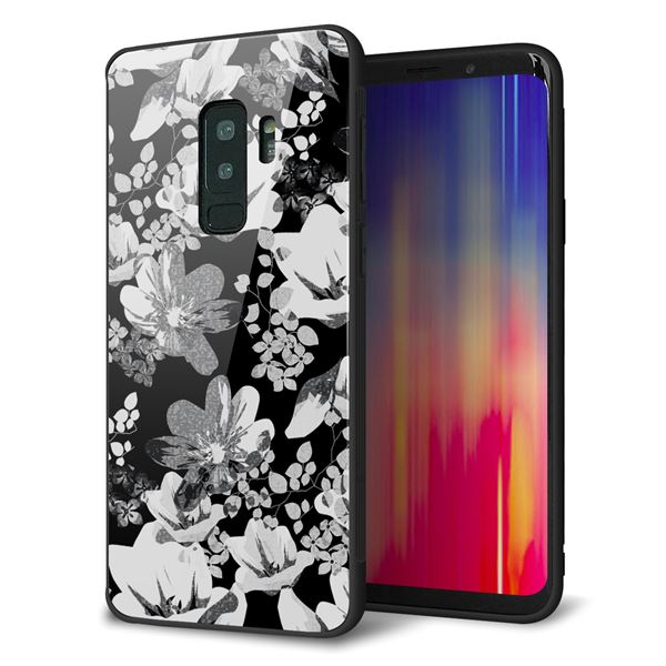 Galaxy S9+ SC-03K ケース カバー 背面 ガラス TPU デザイン ガラプリ 【花柄モノトーン 02】 印刷 光沢 メール便送料無料