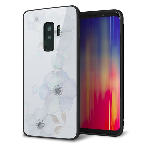 Galaxy S9+ SC-03K ケース カバー 背面 ガラス TPU デザイン ガラプリ 【ドゥ・フルール（エンジェルブルー）】 印刷 光沢 メール便送料無料