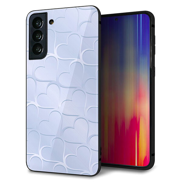 乐天商城 - au Galaxy S21 PLUS 5G SCG10 ケース カバー 背面 ガラス TPU デザイン ガラプリ 【1341 かくれハート ブルー】 印刷 光沢 MMLM