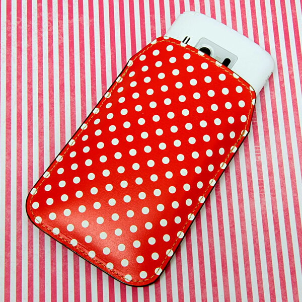 本革（レザー）スマートフォンケース デザイナーVer.【055 ドット柄（水玉） レッド× ホワイト】 【Lサイズ】 AQUOS PHONE EX/シンプルスマホ/docomo with series/G'zOne/GALAPAGOS/HTC EVO WiMAX/REGZA Phone/LYNX3Dなど汎用タイプ MMLM