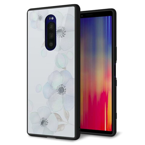 Xperia1 SO-03L ケース カバー 背面 ガラス TPU デザイン ガラプリ 【ドゥ・フルール(エンジェルブルー)】 印刷 光沢 メール便送料無料