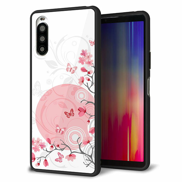 docomo Xperia 10 II SO-41A ケース カバー スマホケース 背面 ガラス TPU ガラプリ 【花と蝶 うす桃色】 MMLM