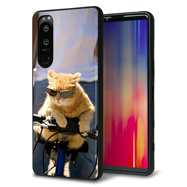 Rakuten - docomo Xperia 5 III SO-53B ケース カバー 背面 ガラス TPU デザイン ガラプリ 【595 にゃんとサイクル】 印刷 光沢 MMLM