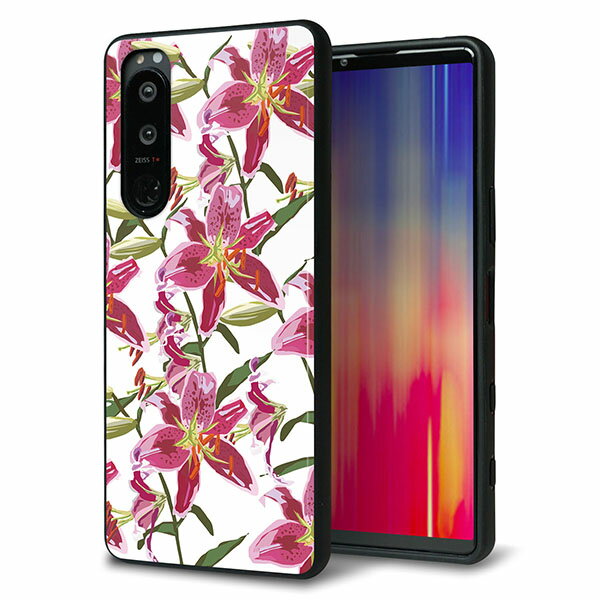 docomo Xperia 5 III SO-53B ケース カバー 背面 ガラス TPU デザイン ガラプリ 【SC892 ボタニカルスカーレットリリー】 印刷 光沢 メール便送料無料