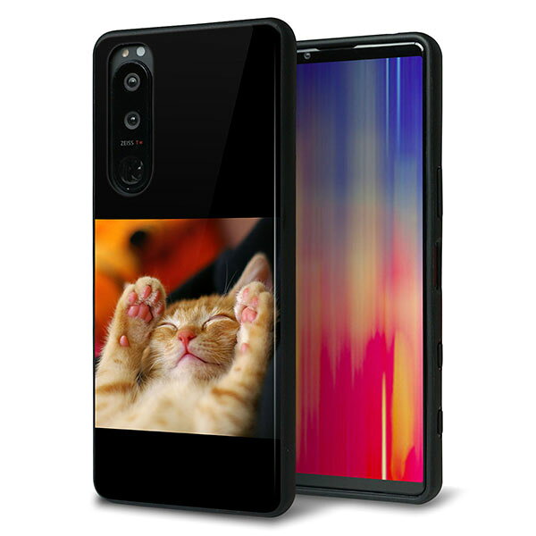 Rakuten - docomo Xperia 5 III SO-53B ケース カバー 背面 ガラス TPU デザイン ガラプリ 【VA804 爆睡するネコ】 印刷 光沢 MMLM