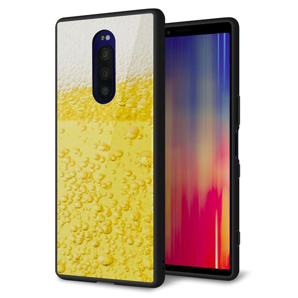Xperia1 SOV40 ケース カバー 背面 ガラス TPU デザイン ガラプリ 【生ビール】 印刷 光沢 メール便送料無料
