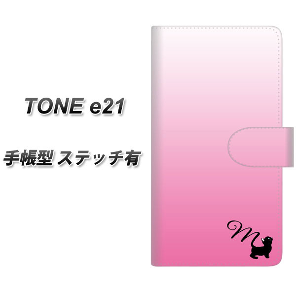 TONE e21 手帳型 スマホケース カバー 【ステッチタイプ】【YI854 イニシャル ネコ M UV印刷】