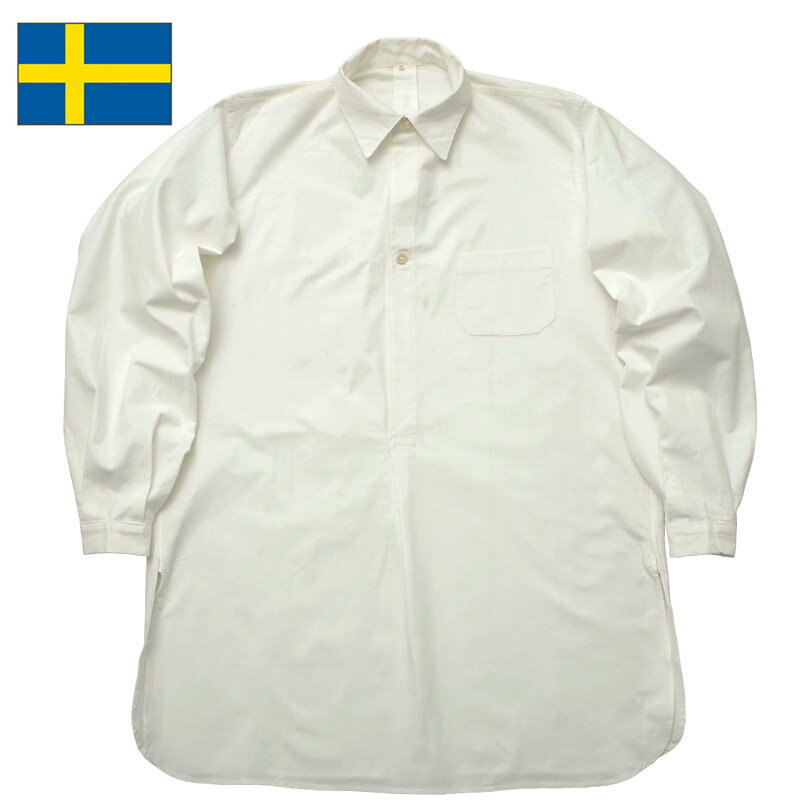 スウェーデン軍 グランパシャツ 2ボタン デッドストック ホワイト 長袖 スリーピングシャツ 白 ロング丈 メディカルプルオーバー メンズ 裾長 ロングスリーブ パジャマシャツ ラウンドボトム カジュアルシャツ