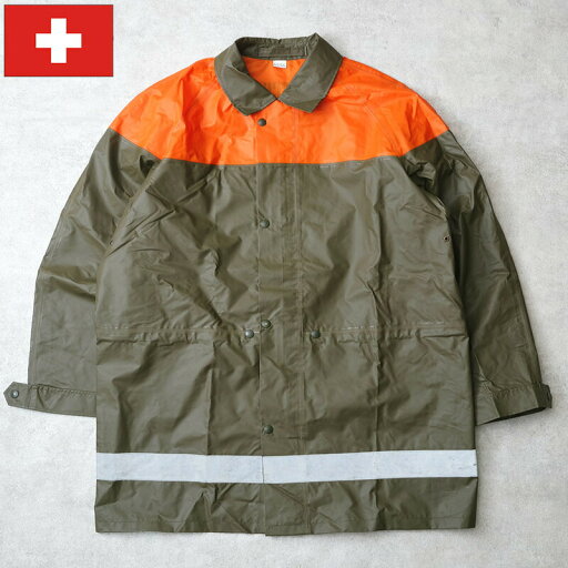 スイス Civil Protection 民間防衛 PVC レインコート デッドストック JC190NN シビルプロテクション レインウェア ウェットウェザー ジャケット アウター 雨具 雨合羽 雨天 防水 防風 ナイロン カーキグリーン オリーブ リフレクター 反射テープ 実物 未使用品