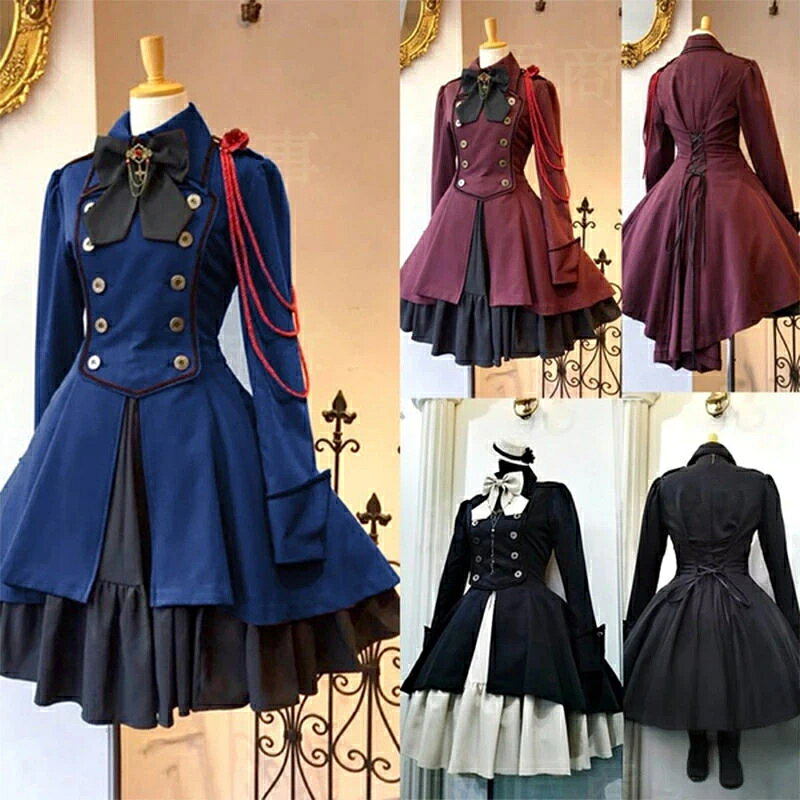 膝丈ワンピース 軍服 ワンピース ゴスロリ ドレス 貴族服 のかわいい ワンピース です ガーリー 森ガール 韓国 原宿系ファッション がお好きな方に、 アイドル 衣装 としてもおすすめ ☆サイズ☆ S~5XL サイズ参考表をご確認お願いします。 ☆カラー☆ レッド、ブルー、 ブラック、 パープル ＊レッドのブローチ、パニエは付属されていません 素材 ポリエステル