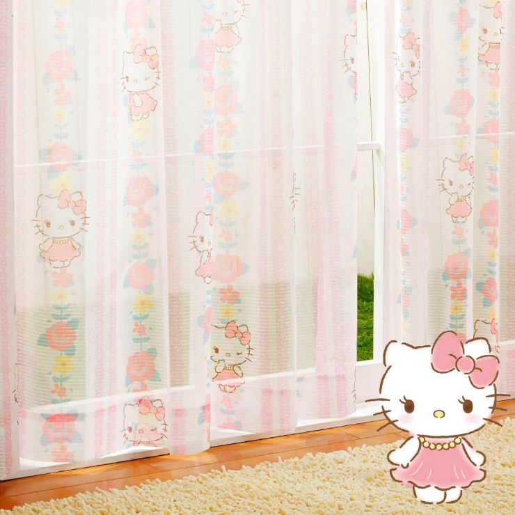 キティ 外から見えにくい レースカーテン 幅100×133cm丈 2枚セット 【サンリオ SanrioZone】 ハローキティ Hello Kitty 丸洗い可 キャラクター SB-522-S