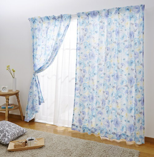 水彩花柄♪コットンプリントカーテン2枚組 選べる 10サイズ 幅100×110〜230cm丈 幅1...