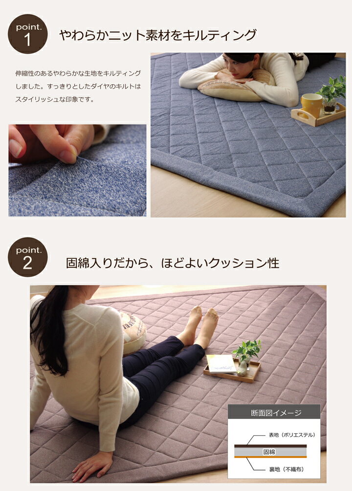 ラグ カーペット デニム調 ニットキルトラグ『アルバ2IT』 ブルー 約145×145cm 正方形 コンパクトラグ [2]