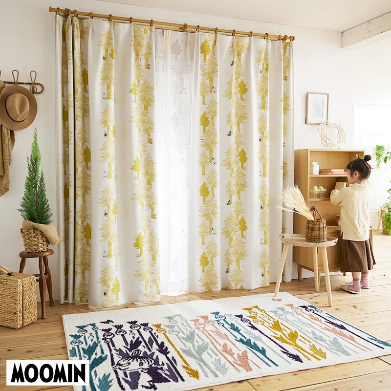 Rakuten - PUUT drape プート ドレープ ムーミンと仲間たちが繊細なタッチの木々に隠れた北欧ナチュラル遮光カーテン イエロー 幅100×丈178cm(1枚入)