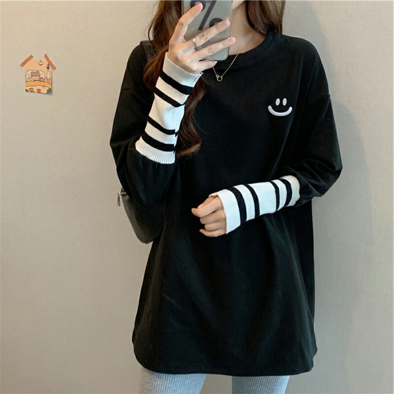 【2点セット】トレーナー ロングTシャツ 笑い顔 レディース スウェット 長袖 韓国 大きいサイズ ルームウェア 部屋着 ビッグシルエット 体型カバー リブ裾