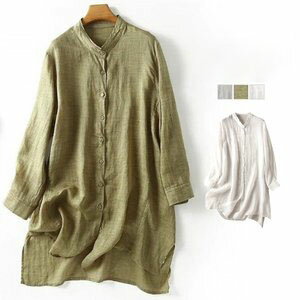 シャツ 綿麻 リネン レディース トップス 長袖 スタンドカラー ロング チュニック ゆったり 体型カバー ブラウス 透け感 薄手 無地 シンプル 羽織り 春 夏 秋 紫外線対策 冷房対策 30代 40代のサムネイル