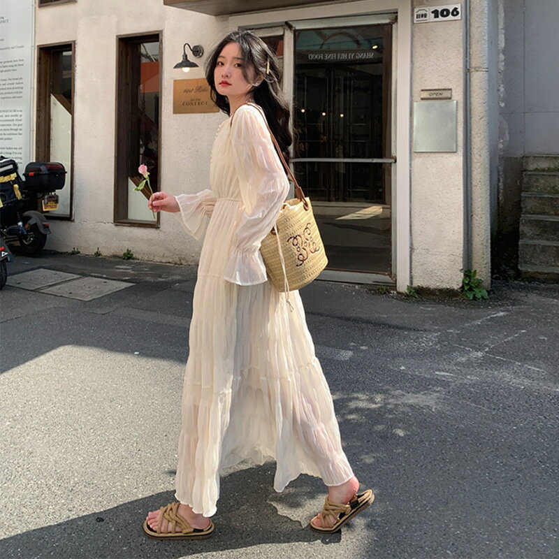 レース ワンピース レディース ロング パフスリーブ 長袖 裏地付き フレンチスリーブ ポケット付き 着痩せ 上品 おしゃれ 女性らしい 可愛い 結婚式 オフィス ドレス 夏