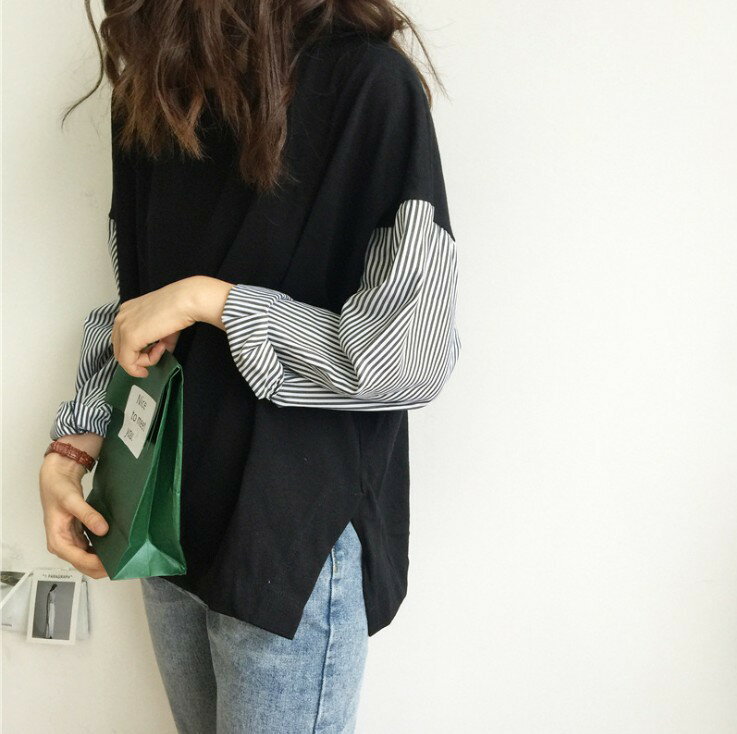 レディース トップス 秋 長袖 tシャツ ブラウン ストライプ コットン ゆったり レディース オフィス 白 黒 春 夏 秋