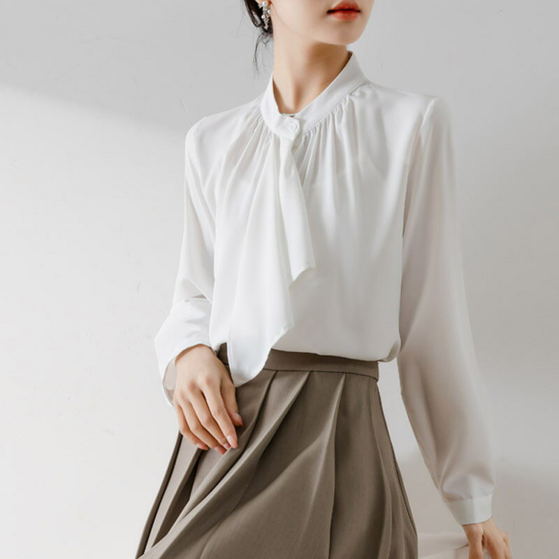Long-Sleeved - シャツ ブラウス レディース 長袖 トップス リボン ギャザー サテン ボウタイ体型カバー 着瘦せ おしゃれ きれいめ 女性らしい 大人 可愛い カジュアル ビジネス OL 通勤 秋 春